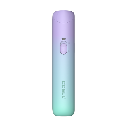 The CCELL Go Stik Battery features a pastel gradient design fading from lavender to teal, a slider switch marked H and L, and the “CCELL” brand name printed vertically near the bottom.