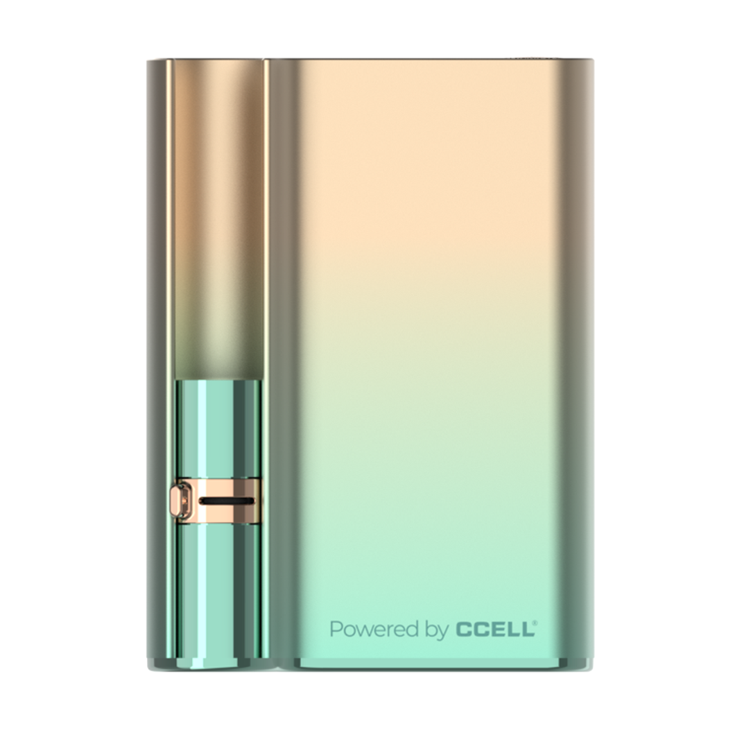 A sleek, rectangular CCELL Palm Pro 510 Thread Battery Vape with a gradient gold-to-green finish holds a matching cartridge. 