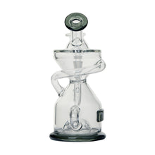 The Tyson Knockout Dab Rig is made of clear borosilicate glass with a spiral design, angled tubes, a central filtration chamber, and a dark-tinted mouthpiece and foot on a sturdy cylinder base.