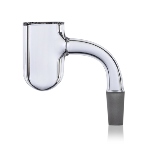 The MJ Arsenal Premium Half Weld Drip Quartz Banger is a clear glass banger made from premium quartz, designed for maximum airflow with a cylindrical bucket, curved neck, and a 10mm male frosted joint, shown on a white background.