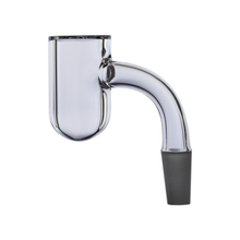 The MJ Arsenal Premium Half Weld Drip Quartz Banger is a transparent glass attachment with a 10mm male joint, curved tube, and black tapered base for max airflow. Crafted from premium quartz, it's shown against a white background for use with smoking devices.