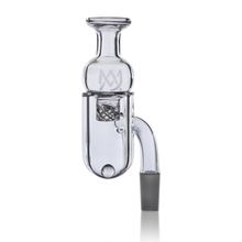 The MJ Arsenal Premium Half Weld Drip Quartz Banger is a clear, cylindrical smoking accessory with a 10mm male joint, bent side tube, and an etched logo for maximum airflow, shown on a white background.