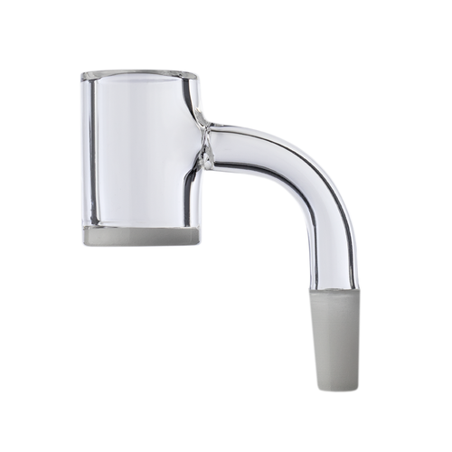 The MJ Arsenal Premium Half Weld Opaque Quartz Banger features a clear glass, cylindrical bucket, bent neck, 10mm male joint for optimal airflow and fit, plus a frosted bottom and joint. Crafted from durable Premium Half Weld Quartz for dab rigs or water pipes.