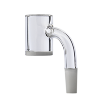 The MJ Arsenal Premium Half Weld Opaque Quartz Banger features a cylindrical bucket, curved neck, 10mm male joint, and is made from high-quality quartz for optimal airflow. Ideal for dab rigs and shown against a white background.