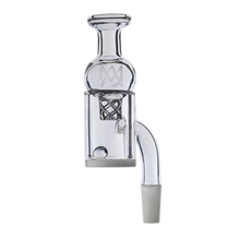 The MJ Arsenal Premium Half Weld Opaque Quartz Banger features a cylindrical chamber, angled neck, frosted 10mm male joint base, engraved logo, and internal spiral detail for optimized airflow.