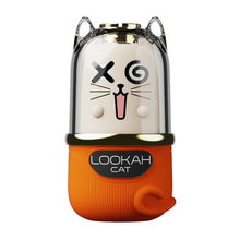 The Lookah Cat Vaporizer 510 Thread Battery is a whimsical orange and white device shaped like a cartoon cat with playful eyes, whiskers, a pink nose, curled tail, and "LOOKAH CAT" labeled on the front.