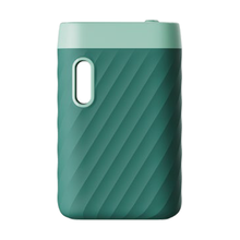 The CCELL Sandwave is a compact device in teal and light green, featuring a textured diagonal pattern, rounded edges, an oval cutout on one side, and compatibility with Type-C charging cables, shown against a white background.