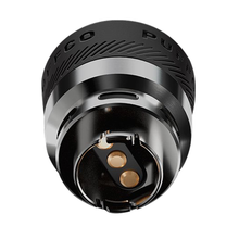 Close-up view of the Puffco 3DXL Chamber (Black) electronic atomizer with 3D technology, metallic contacts, and a circular black and silver design, isolated on a white background.