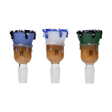 The Human Grade Novelty Bowl, available individually or in a pack of 3, features honeycomb designs with drip accents in black, blue, and green. Each is a 14mm water pipe glass bong bowl displayed on a white background.
