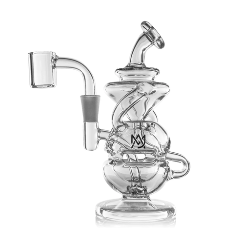 The MJ Arsenal Infinity Mini Dab Rig is a clear borosilicate glass water pipe with spiral and spherical designs, a sturdy base, left-side glass joint, side mouthpiece, and a black logo on the main chamber.