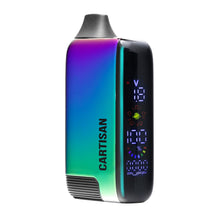 The Cartisan Veil Bar Pro EVO 510 Thread Battery Vape features a gradient design, black mouthpiece, digital display with numbers/icons, and supports 510 tanks with customizable vaping via its variable voltage battery.