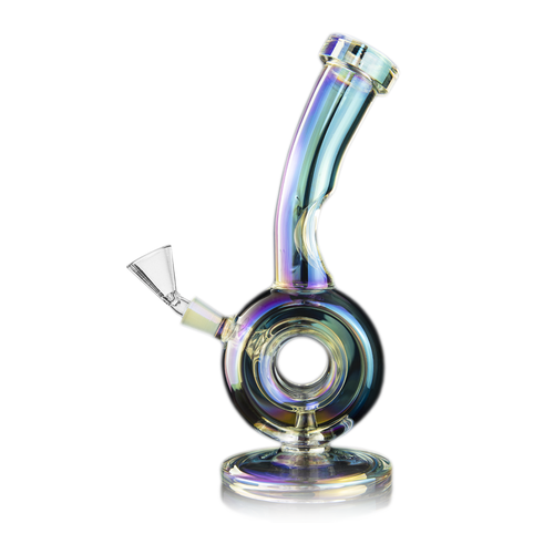 The MJ Arsenal Saturn Water Pipe is a compact borosilicate glass rig with a circular base, iridescent multicolored finish, angled neck, and a side bowl for convenient smoking.