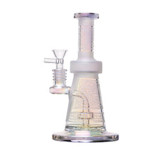 The Human Grade Aztec (Sandblasted) Glass Water Pipe is handmade from borosilicate glass, featuring sandblasted geometric engravings, frosted and iridescent accents, and a clear side-attached bowl.