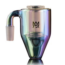 The MJ Arsenal Reclaim / Dry Ash Catcher is a glass smoking accessory with an iridescent finish, crown-like logo, cylindrical top, side spout, and tapered base—compatible with MJ Arsenal Mini Rigs and ideal for quartz inserts. Shown on a white background.