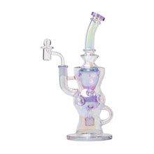 The 11.5" Swiss Incycler Glass Water Pipe is a translucent, iridescent borosilicate rig with a curvy design, bent neck, attached bowl, and showerhead perc. Its surface reflects purple and blue hues for a stunning look.