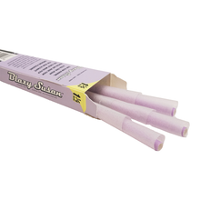 A partially opened box of Blazy Susan Purple Paper Cones reveals several 53mm shortys pre-rolled cones sticking out against a white background.