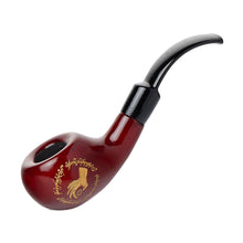 A Lord Of The Rings Pipes churchwarden with a red and black curved design, gold writing, and a hand illustration on the bowl, inspired by the movie, shown isolated on white.