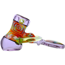 The Calibear Horned Wig Wag Hammer Pipe is a borosilicate glass hand pipe with a red, orange, and yellow swirl pattern and a transparent purple bowl and handle.