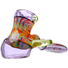 The Calibear Horned Wig Wag Hammer Pipe is a vibrant borosilicate glass hand pipe with swirling red, yellow, orange, and green patterns, accented by translucent purple horns for a unique artistic design.