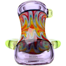The Calibear Horned Wig Wag Hammer Pipe boasts a bulbous purple body, lime green accents, and a central section with a vibrant swirling flame-like pattern in red, yellow, blue, and green.