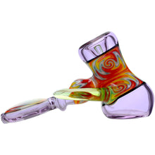 The Calibear Horned Wig Wag Hammer Pipe boasts a swirled red, yellow, and green design on the bowl and handle with translucent purple accents, crafted from durable borosilicate glass for lasting style.