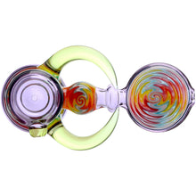 The Calibear Horned Wig Wag Hammer Pipe is a vibrant hand pipe made of borosilicate glass, featuring swirling rainbow patterns, a round bowl, and a crescent-shaped handle—an eye-catching addition to any collection.