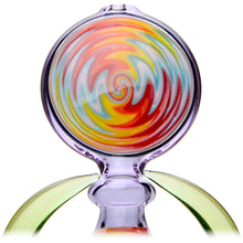 A close-up of the Calibear Horned Wig Wag Hammer Pipe, made from borosilicate glass with a round, colorful swirled center in red, yellow, orange, and teal, plus transparent curved arms extending from the base.
