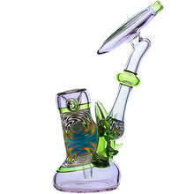 The Calibear Horned Wig Wag Upright Bubbler is made from borosilicate glass with a swirling blue, green, orange, and white pattern plus translucent purple and green accents in a unique curved shape.
