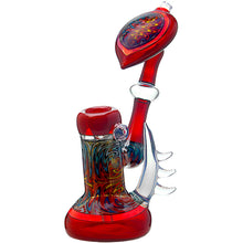 The Calibear Horned Wig Wag Upright Bubbler features vibrant red borosilicate glass, swirling multicolored patterns, clear spiked accents, a pinhole diffuser perc, and a unique decorative leaf-shaped chamber at the top.