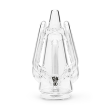 The Puffco Peak Pro Ryan Fitt Recycler is a clear glass water pipe with a sculptural design, multiple curved tubes, and the Puffco logo at the base, shown against a white background.
