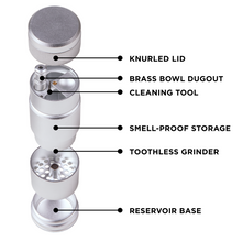 Exploded view of the MJ Arsenal Capsule Grinder Dugout with labeled parts: knurled lid, aluminum dugout, cleaning tool, smell-proof storage, toothless grinder, and reservoir base—ideal as a portable herb grinder.