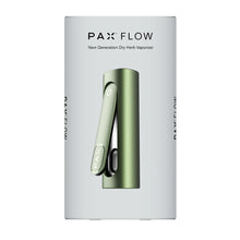 A product box shows a sleek, metallic green PAX Flow Vaporizer with Grip Sleeve Bundle and a lever front. The text above reads "PAX FLOW Vaporizer Bundle featuring hybrid heating system" on a clean white background.