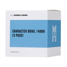 A white box with a blue label reads Human Grade Novelty Bowl (individual or pack of 3) and HUMAN GRADE, featuring a stick figure drawing. Ideal for glass bong enthusiasts or anyone seeking unique bowls for their 14mm water pipe.