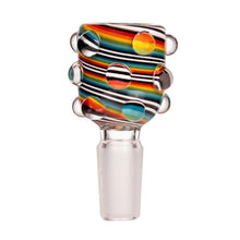 The MJ Arsenal Hobnail Rainbow Bowl 14mm is a durable borosilicate glass bowl with swirling rainbow stripes, clear bubble accents, and a frosted connector—perfect for any 14mm water pipe or bong.