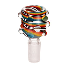 The MJ Arsenal Hobnail Rainbow Bowl 14mm is crafted from borosilicate glass and features colorful swirling stripes, clear glass bumps, and a frosted white 14mm male connector.