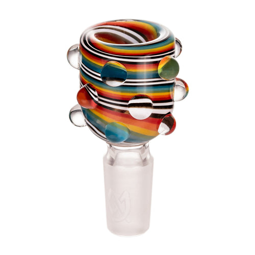 The MJ Arsenal Hobnail Rainbow Bowl 14mm is crafted from borosilicate glass and features colorful swirling stripes, clear glass bumps, and a frosted white 14mm male connector.