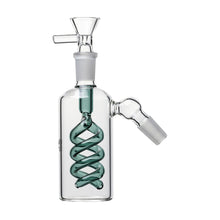 The 14mm The Spiral Perc Ash Catcher (45° or 90°) features a durable clear glass body, spiral tube with teal-accented center, and an angled side joint. Fits most 14mm water pipes for enhanced filtration.