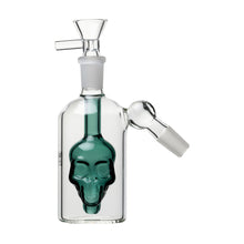 The 14mm Skull Ash Catcher features a green skull perc inside clear glass, angled connectors (45° or 90°), and a funnel-shaped flower bowl at the top.