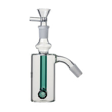 The 14mm DK Barrel Ash Catcher 45° or 90° features clear glass, a cylindrical chamber, green percolator, and angled side joint—perfect as an accessory for your 14mm water pipe or bong.