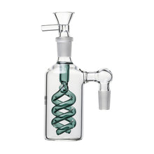 The 14mm The Spiral Perc Ash Catcher 45° or 90° features a durable glass spiral coil and three joints, designed for use with a 14mm water pipe or bong to provide enhanced filtration.