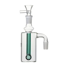 The 14mm DK Barrel Ash Catcher (45° or 90°) is a clear glass percolator attachment with a cylindrical chamber, green downstem and bowl, and a side outlet—ideal for connecting to your water pipe.