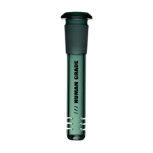The Human Grade Color Downstems (14MM) are green glass tubes with black rubber stoppers and horizontal slits near the base, making them ideal 14mm water pipe downstem replacements for improved airflow.