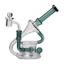 The Human Grade 7.5" Recycler 45 (Triple Marble) Glass Rig Water Pipe is a clear and green borosilicate rig with a unique spiral design, triple marble accents, wide base, angled neck, and a removable side glass bowl.