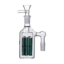 The Jellyfish Glass Ash Catcher 14mm (45°/90°) features clear glass with multiple green vertical tubes, a side arm, and a top bowl piece—perfect for improving water filtration with your bong or water pipe.
