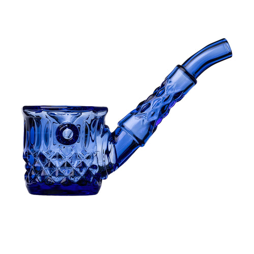 The NWTN Home Highball Pipe is a blue, hand-blown glass pipe with a textured diamond pattern, rounded bowl, and long angled stem, shown on a white background.