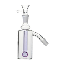 The 14mm DK Barrel Ash Catcher (45° or 90°) features a clear cylindrical chamber, purple percolator downstem, top bowl, and angled joint arm to fit 14mm water pipes. Its clean design is inspired by the classic Donkey Kong barrel.