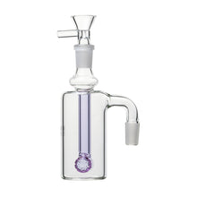 The 14mm DK Barrel Ash Catcher (45° or 90°) is a clear glass attachment with a cylindrical body, purple-tinted downstem, wide mouthpiece, and side arm joint—designed like a Donkey Kong barrel for connecting to another device.