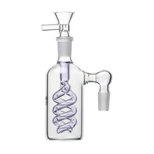 The 14mm The Spiral Perc Ash Catcher (45° or 90°) is a clear, durable glass accessory featuring a spiral perc coil, top funnel, and dual side connectors—ideal for experiments or filtration with a 14mm water pipe.