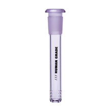 A clear glass Human Grade Color Downstem (14MM) with a purple cap and "HUMAN GRADE" printed vertically in black, designed for optimal airflow, shown against a white background.
