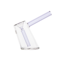 The MJ Arsenal Fulcrum Bubbler, made of clear borosilicate glass with a cylindrical bowl and straight stem, is shown angled on a white background, highlighting its simple, modern design inspired by the Fulcrum Mini Bubbler.